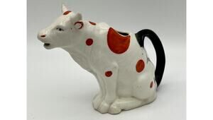 Vtg‎ MCM Farmhouse Ceramic White w/ Orange Spots Cow Kitchen Creamer Serveware